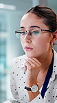 Computer, glasses and thinking with business woman in office for accounting, report or review. Idea, planning and typing with happy employee at work on pc for finance research, schedule or solution