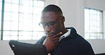 Finance, tablet and thinking with business black man in office for investment planning or solution. Application, risk management and trading with broker in financial workplace for portfolio decision