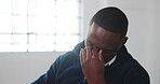 Employee, tired and man with&nbsp;eye strain in office, brain fog and thinking with headache for project. Business, migraine and black person with glasses, reflection and overworked with vision discomfort