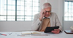 Finance, glasses and tablet with business man at desk in office for investment planning or solution. App, risk management and trading with mature broker in financial workplace for portfolio review