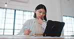Architect, notes and woman in office with tablet, design planning and draft of renovation strategy. Writing, digital and engineer with tech, progress checklist and research for remodeling project.