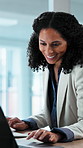 Business, woman and laugh in office with laptop, reading funny email and typing accounting report. Happy, female person and accountant in workplace with computer, humor or review financial statement.