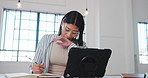 Yawn, tired and woman in office with tablet, exhausted and neck pain in time management. Fatigue, notebook and employee in agency with technology, brain fog and cervical sprain with task deadline.