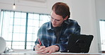 Architect, paper and man in office with writing, design plan and draft of renovation project. Review, tablet and engineer in agency with notes, progress checklist and strategy brief for remodeling.