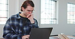 Architect, man and laptop in office with thinking for civil engineering, research and internet. Male engineer, tech and blueprint, floor plan or infrastructure development with strategy on app