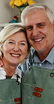 Mature, couple and face with apron in kitchen for cooking, hospitality or meal prep in home. Portrait, man and woman with smile, hug or embrace for culinary art or dinner service together in house