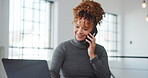 Businesswoman, laptop and talk in office with phone call, administration and explain project update. Happy person, administrator and tech in workplace with contact, schedule meeting and conversation.