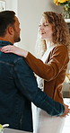Happy, couple and dancing in home with love for anniversary, holiday or bonding together. Vacation, man and woman spin with smile, music or vibe for romantic dating, fun weekend or marriage in house