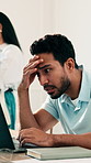 Wife, baby and man stress with laptop for financial crisis, expensive childcare bills and debt issue. Partner, child and frustrated person in home with computer, expenses and concern for liability.
