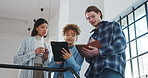 People, meeting and notebook in office with tablet, coffee and conversation for interior design plan. Low angle, team or designer talk with tech, collaboration or writing notes for remodeling project