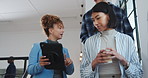 Creative, team and discussion in office with tablet, coffee and research trend for interior design. Designer, people and walk on stairs with tech, collaboration and planning for remodeling project.