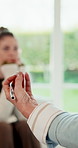 Psychologist, hands and therapy in office with patient, mental health support and advice for healing. Flare, therapist and woman with depression, anxiety or counseling discussion for wellness update.