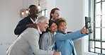 Selfie, bonding and team in office with smile, digital photo and fun together in workplace. Happy people, diverse group or employees with picture, memory capture and connection with social media post