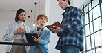 Team, meeting and planner in office with tablet, coffee and conversation for interior design idea. Low angle, people or designer talk with tech, collaboration or writing notes for remodeling project.