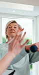 Physiotherapy, tablet and mature woman with dumbbells for exercise, online checklist and app. Physical therapy, patient and technology with weights, rehabilitation and orthopedic wellness at clinic