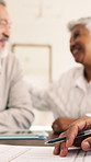 Senior, hands and happy couple with financial advisor in home for asset management or advice. Elderly, man and woman with accountant for finance assistance, help or retirement plan together in house