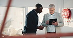 Tablet, collaboration and contractor planning at construction site, maintenance or engineering idea. Tech, team and men talking for development, renovation review and safety assessment feedback