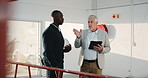 Tablet, collaboration and architect planning at construction site, maintenance or engineering idea. Tech, team and men talking for development, renovation review and pointing for safety evaluation