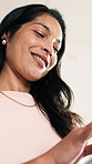 Smile, thinking and woman with tablet in home with research, communication or reading blog on app. Happy, digital technology and person with online article on budget planning in house from below.