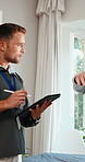 Physiotherapy, tablet and senior man stretching for rehabilitation, online checklist and app. Physical therapy, patient and technology for chiropractic, evaluation and orthopedic wellness at clinic