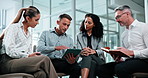 Lobby, conversation and business people with tablet for teamwork, project collaboration and review. Discussion, office and manager with employee on tech for b2b deal, online proposal and feedback