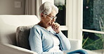 Cough, sick and virus with old woman on sofa in home for lung infection, disease or influenza. Tuberculosis, recovery and sore throat with senior person in living room in house for asthma and illness