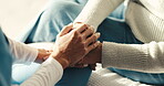 Nursing home, retirement and holding hands with caregiver, empathy or helping old patient in bedroom. Assisted living, above and compassion for elderly person, consultation and comfort with gesture