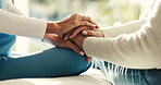 Nursing home, senior care and holding hands with caregiver, comfort and help for patient in bedroom. Assisted living, nurse and compassion for elderly person, consultation and empathy with gesture