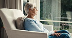 Thinking, calm or senior woman at window with inspiration, daydreaming or memory in chill mindset. Retirement, reflection and elderly person with nostalgia, flashback and peaceful perspective in home