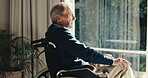 Nursing home, window and old man in wheelchair, think and patient with health choice and retirement. Memory, reflection and senior person with disability, thoughts and remembering decision on break