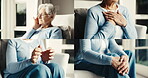 Pain, old woman and hands in home with montage, headache and discomfort in joint movement. Fatigue, tendinitis and senior person with migraine, aging health and chest condition in retirement.