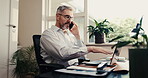 Home office, man and laptop with phone call for remote work, executive update or CAC cost review. WFH, mature growth lead and chat on tech for marketing ROI, competitor reporting or campaign feedback