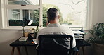 Home office, man and talk with phone call for business, sprint plan or campaign priorities in WFH. Remote work, back and growth lead on mobile chat for executive reporting, marketing brief or update