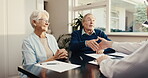 Handshake, financial advisor and consulting with old couple in office for smile, advice and retirement fund. Meeting, greeting and pension policy with people in agency for shaking hands and deal