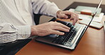 Laptop, typing and freelancer with hands in home office for publicist update, content marketing and research. Remote work, email chat and branding review with person and tech in house for project