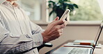 Laptop, phone and freelancer with hands in home office for publicist update, content marketing and research. Remote work, communication and branding review with person and tech in house for project