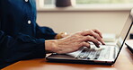 Laptop, research and freelancer with hands in home office for publicist update, content marketing and typing. Remote work, email chat and branding review with person and tech in house for project