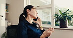 Remote work, home and woman with phone call for business, scope creep or campaign agenda. Freelancer, mature growth lead or mobile contact for marketing vendor pitch, project briefing or sprint plan