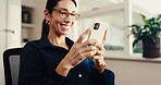 Phone, smile and freelancer with woman in home office for publicist update, content marketing and research. Remote work, communication and branding review with mature person and tech for app