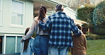 Back, hug and pride with family at new house for property investment, real estate and support. Security, mortgage success and bonding with parents and children in backyard of home for relocation