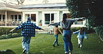 Back, airplane and freedom with family at new house for property investment, celebration and support. Flying, mortgage success and bonding with parents and children in backyard of home for relocation