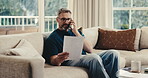 Finance, phone call or man in home with paper, budget review or fintech consultation in online chat. Talk, tech or mature person with document, account advice or tax evaluation in digital discussion.