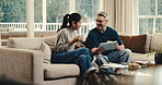 Finance, couple or coffee with tablet in home for income mapping, monthly cash flow or funny chat. Beverage, mature people or laugh with tech for financial summary, tax filing joke or budget planning