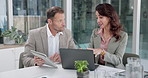 Office, finance and business people on tech for meeting, financial report or consulting. Corporate, talk and mature advisor with client on laptop for investment portfolio, budget proposal or planning