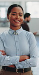 Architecture, face and woman with arms crossed, site planner and about us in interior design. Happy, portrait or engineer with confidence, construction industry or pride in structure development.