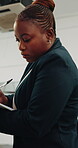 Contractor, inspection and writing with clipboard for renovation, quality assurance and compliance. Black woman, safety checklist and remodeling with property maintenance, development and evaluation