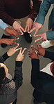 Above, circle and business people with peace sign for team, support and motivation for goals. Huddle, coworking and men with women in meeting for collaboration, agreement and hands together in office