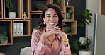 Face, freelancer and happy woman with computer in home for online business or administration. Portrait, female person or remote work with smile for eco friendly startup or data management in house