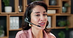 Consultant, talking and happy woman with headset in office for customer service or communication. Female person, business agent or smile with mic for virtual assistance, help or support in workplace
