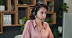 Consultant, computer and woman with headset in office for customer service or communication. Female person, business agent or talking with mic for virtual assistance or desktop support in workplace